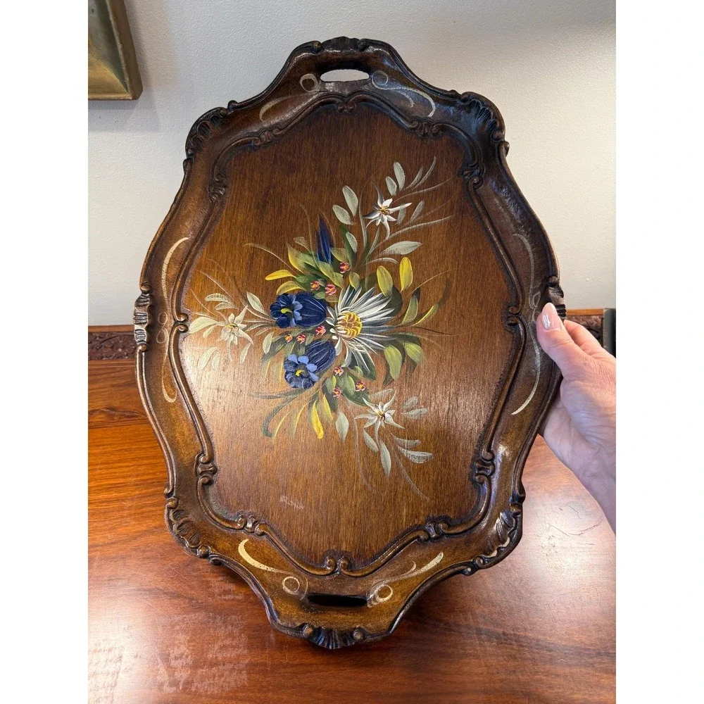 Vintage Ernst Huber Berchtesgaden Germany Hand Painted Carved Wood Tray Floral